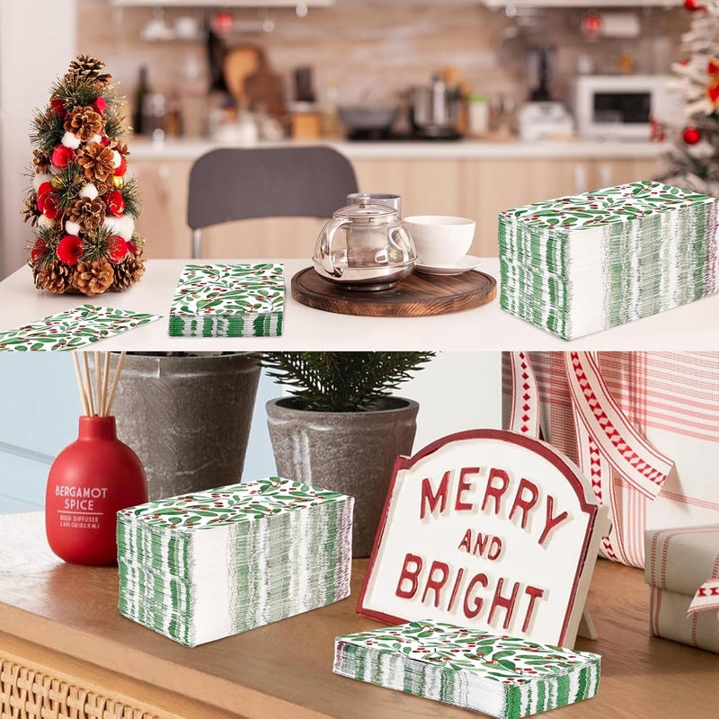 Grencian 100Pcs Christmas Paper Napkins Disposable 3 Ply Watercolor Holly Leaves Berries Napkins Christmas Dinner Napkins Disposable Hand Towels for Bathroom Home Kitchen Xmas Party Decorations - Image 5